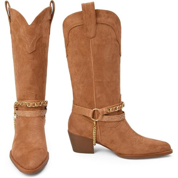 🆕Women Brown Cowboy Boot with Chain Pointy Toe Heel Pull on Style Western Boots - Picture 2 of 9